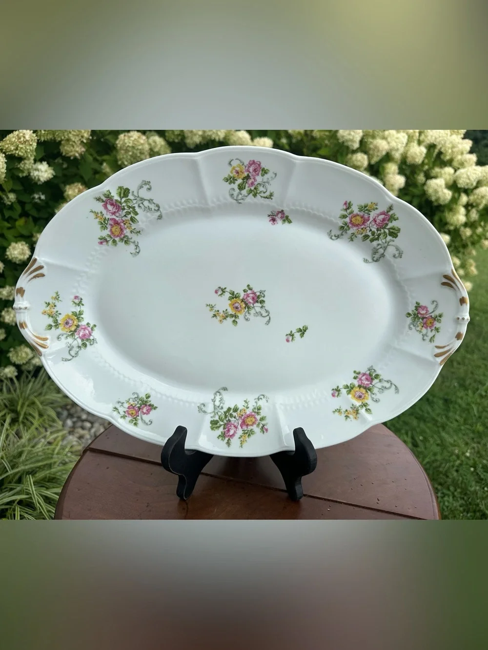 White Floral Porcelain Serving Platter with Pink and Yellow Rose Motif